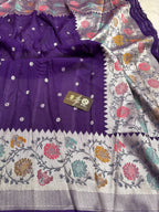 Purple Matka Tussar Silk Banarasi Saree - All Over Motifs & Paithani