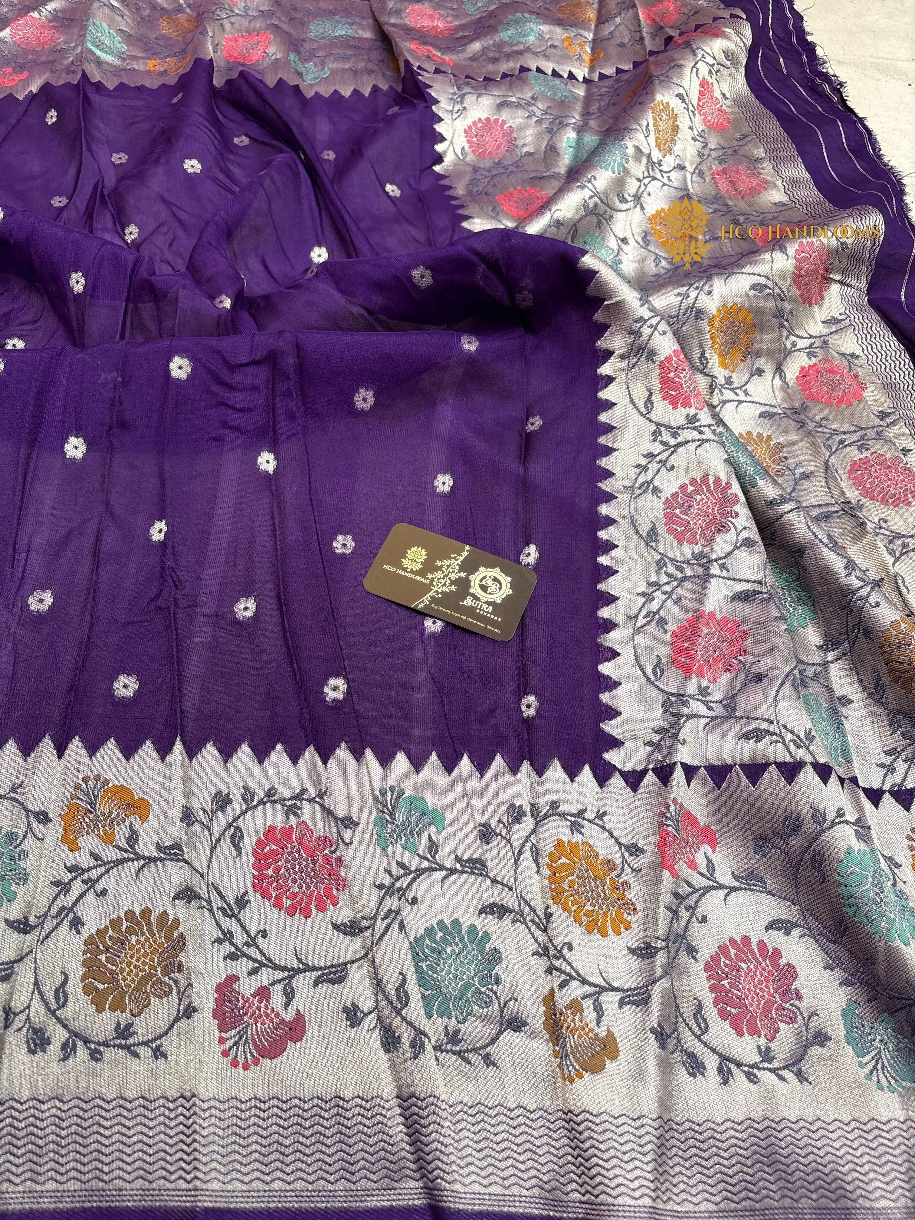 Purple Matka Tussar Silk Banarasi Saree - All Over Motifs & Paithani