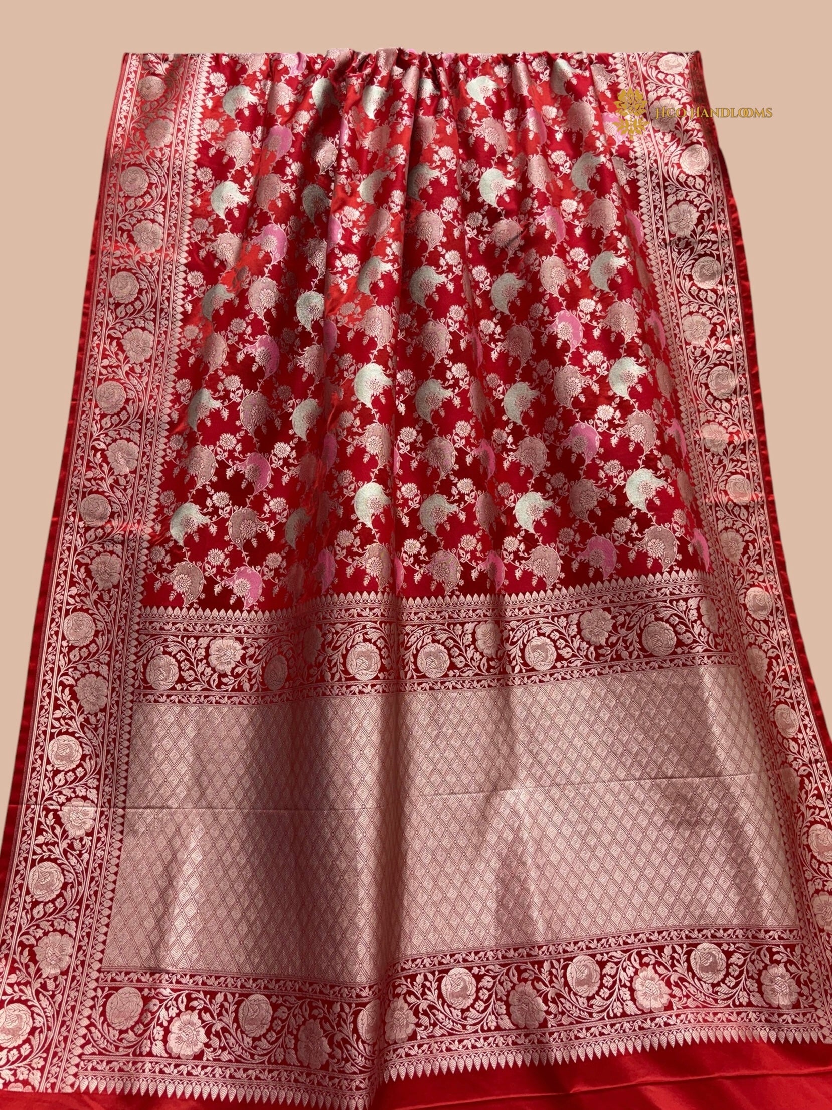 Red Rangkat Mashru Katan Silk Banarasi Saree - All Over Meenakari Jangla