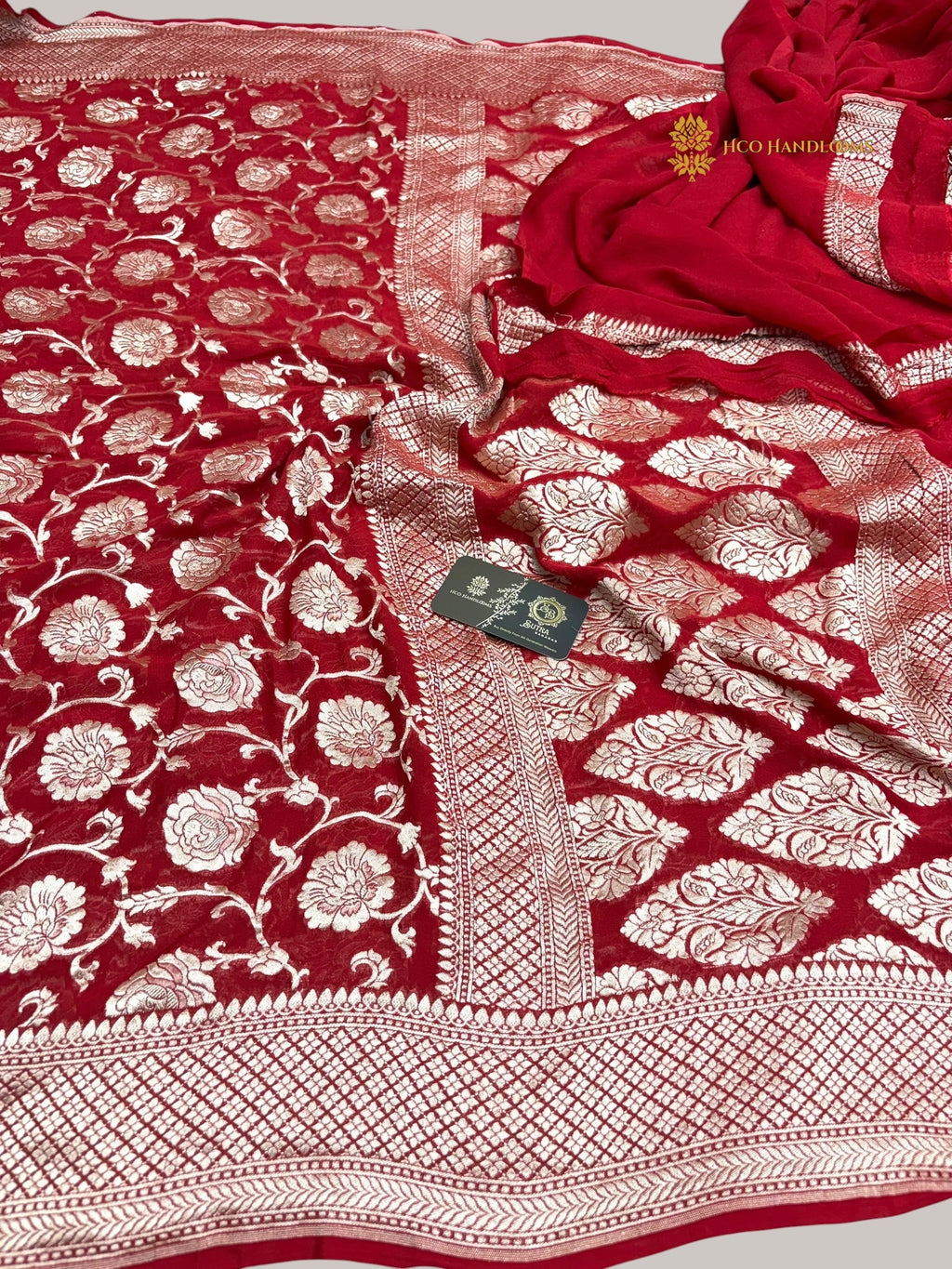 Red Pure Khaddi Georgette Silk Handloom Banarasi Saree - Water Zari