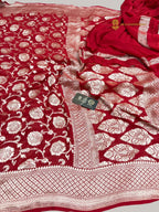 Red Pure Khaddi Georgette Silk Handloom Banarasi Saree - Water Zari