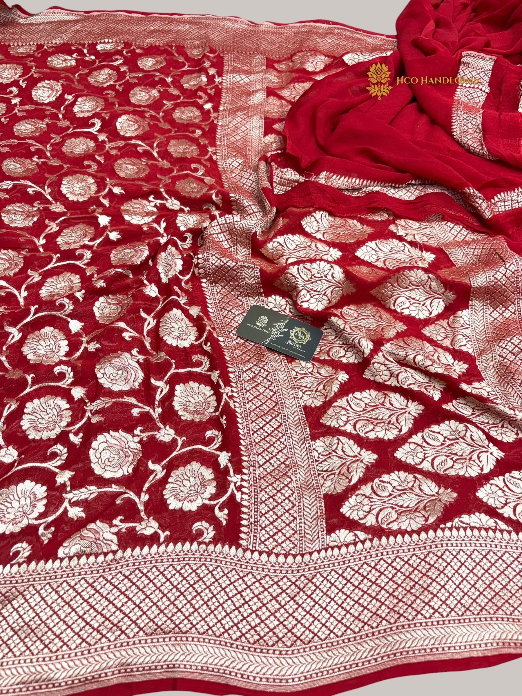Red Pure Khaddi Georgette Silk Handloom Banarasi Saree - Water Zari