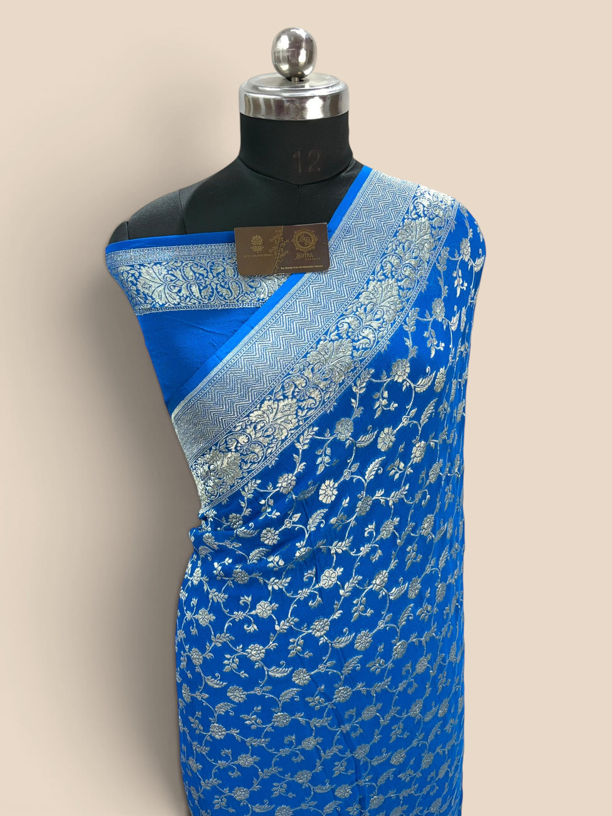 Blue Pure Khaddi Georgette Silk handloom Banarasi Saree - Silver Zari