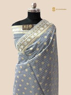 Pastel Blue Premium Cotton Jamdani Banarasi Saree - All Over Tanchui Motifs
