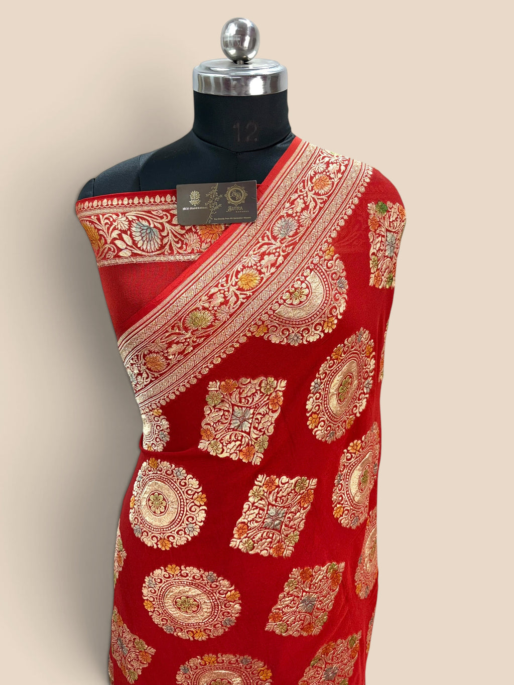 Red Pure Khaddi Georgette Silk handloom Banarasi Saree - Water Zari