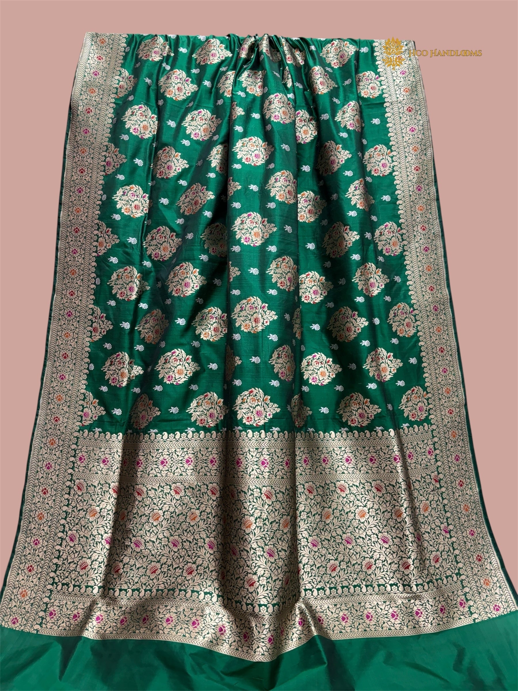 Regal Green Pure Katan Silk Handloom Banarasi Saree - All Over Meenakari Motifs