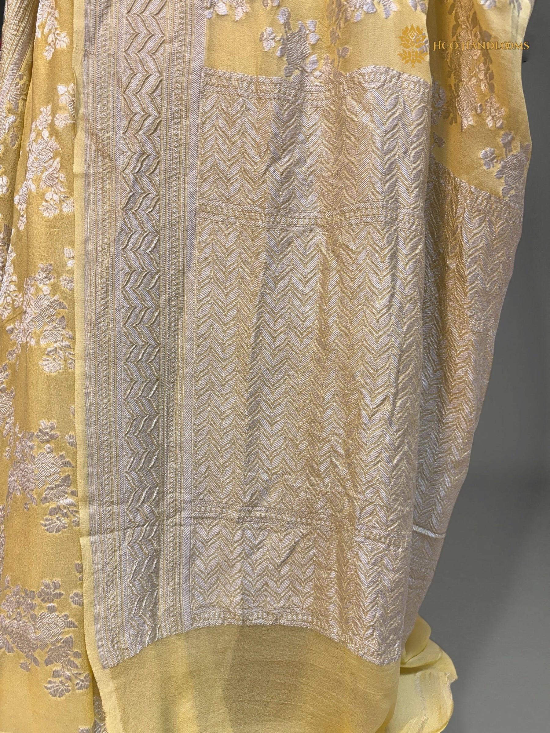 Yellow Pure Khaddi Georgette Silk Handloom Banarasi Saree - Silver Zari