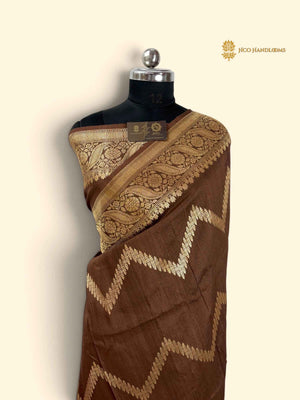 Brown Pure Tussar Silk Handloom Banarasi Saree - Zig-Zag Pattern