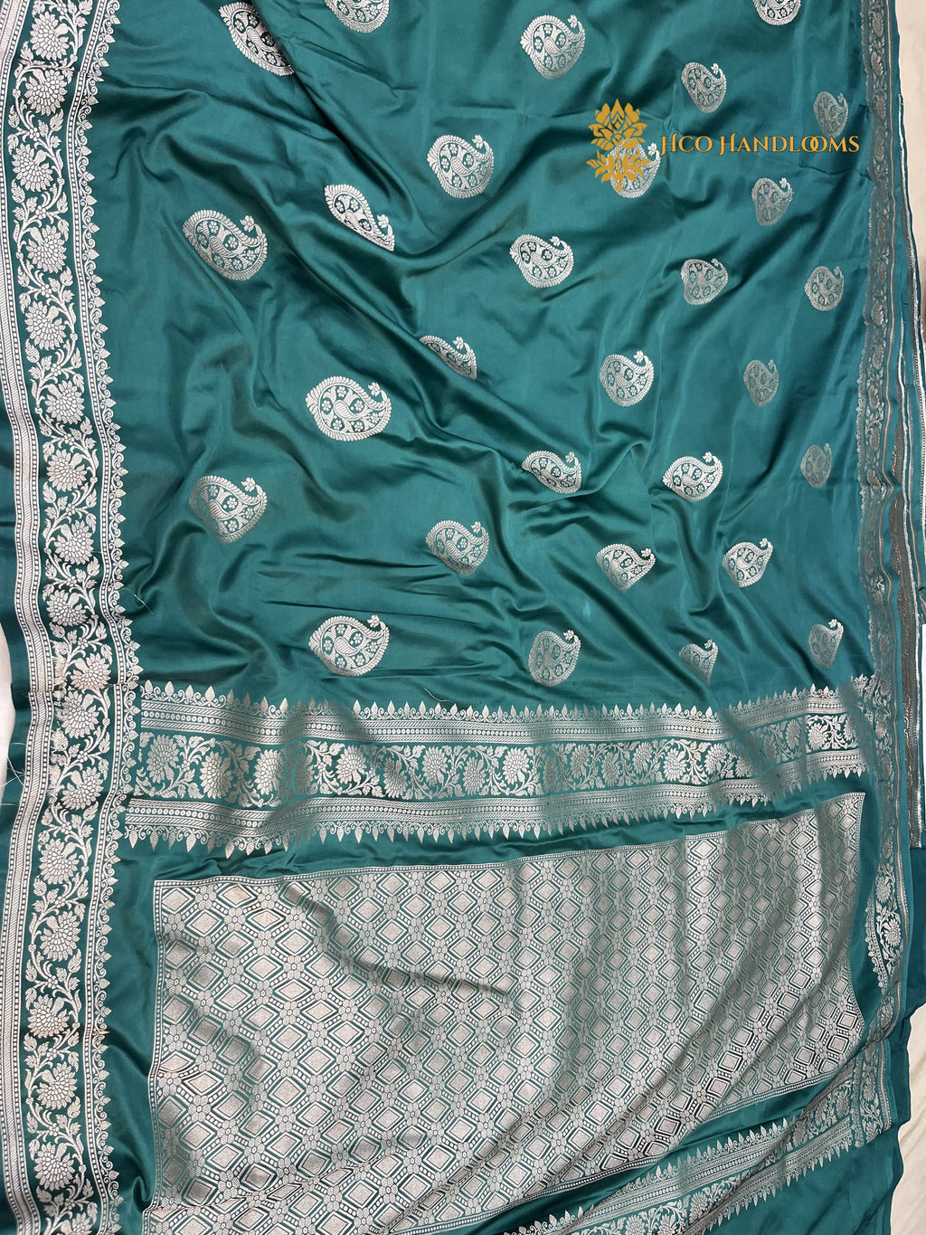 Teal Blue Premium Mashru Katan Silk Banarasi Saree - All Over Paisley Motifs