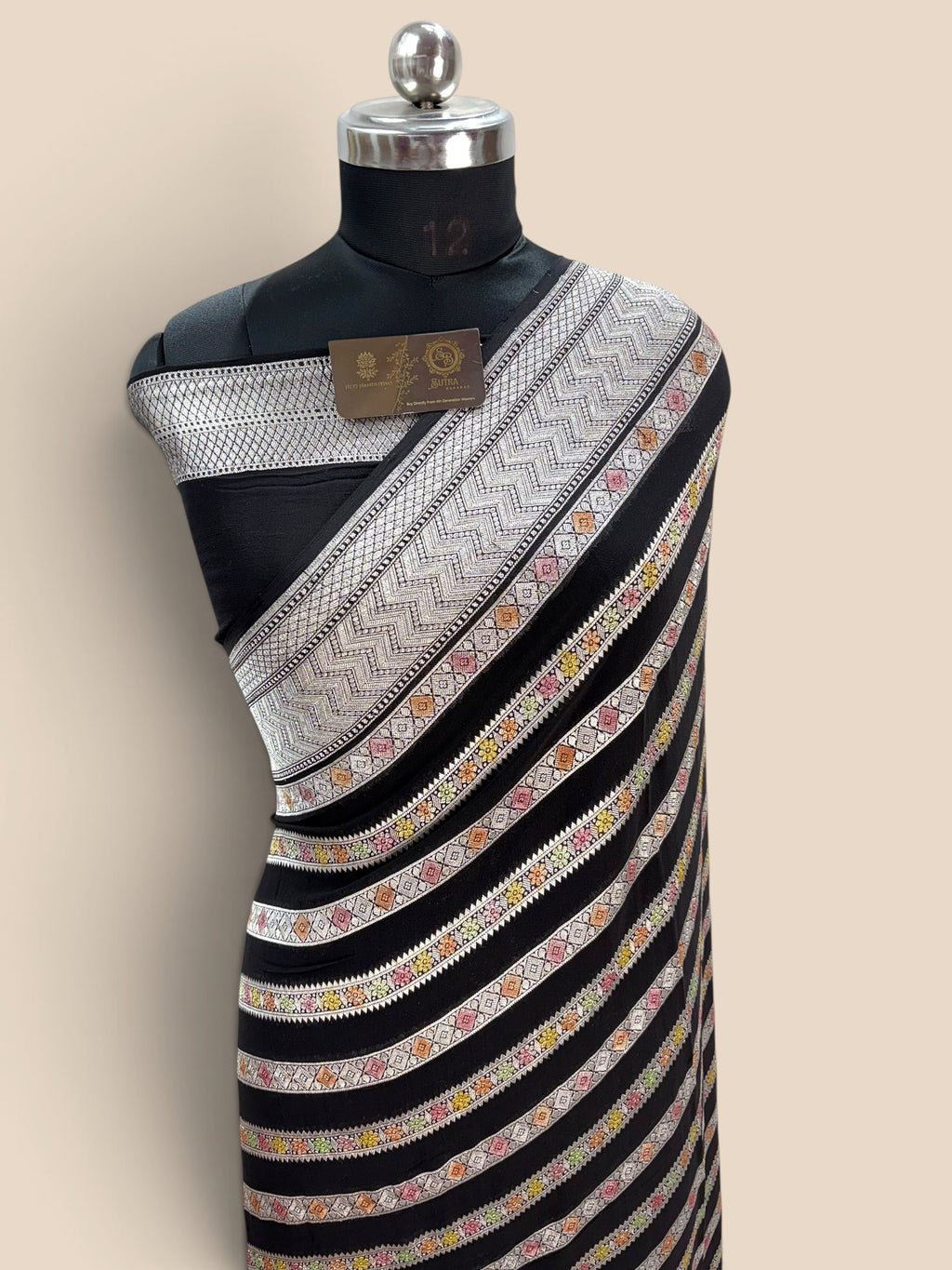 Black Pure Khaddi Georgette Silk handloom Banarasi Saree - Water Zari