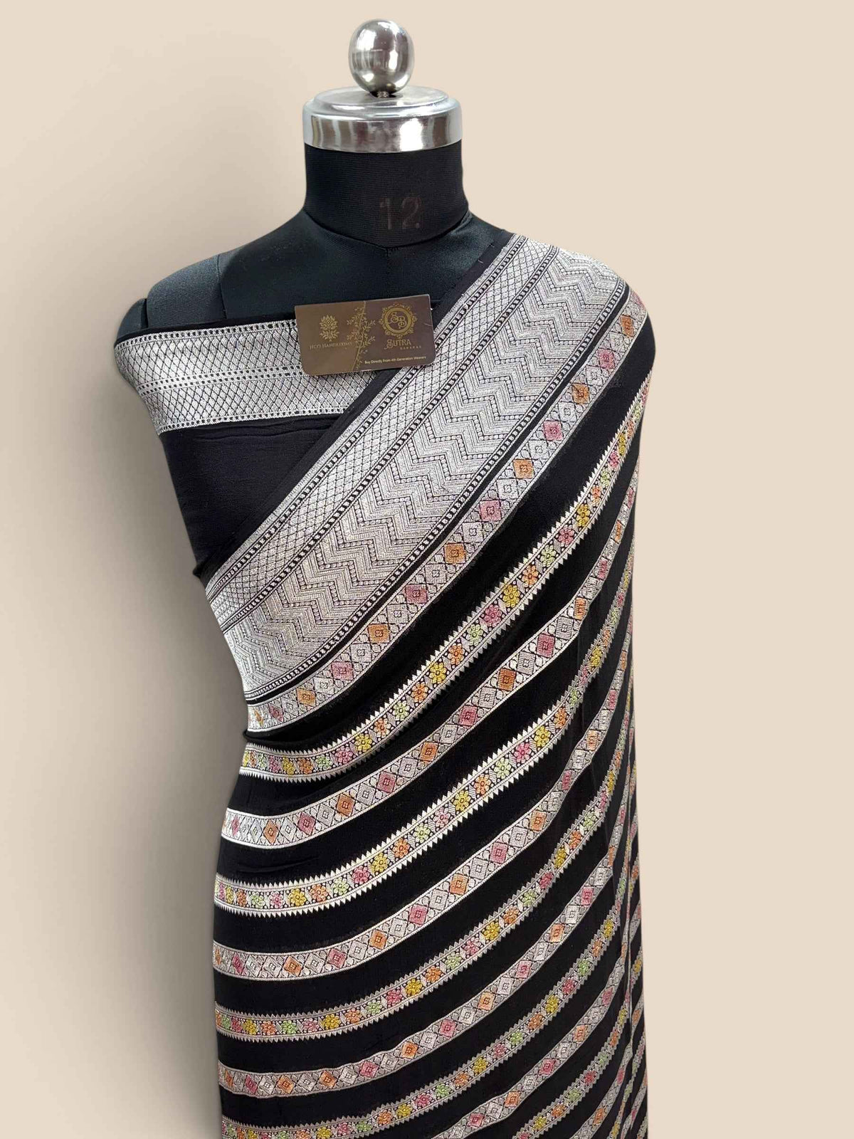 Black Pure Khaddi Georgette Silk handloom Banarasi Saree - Water Zari