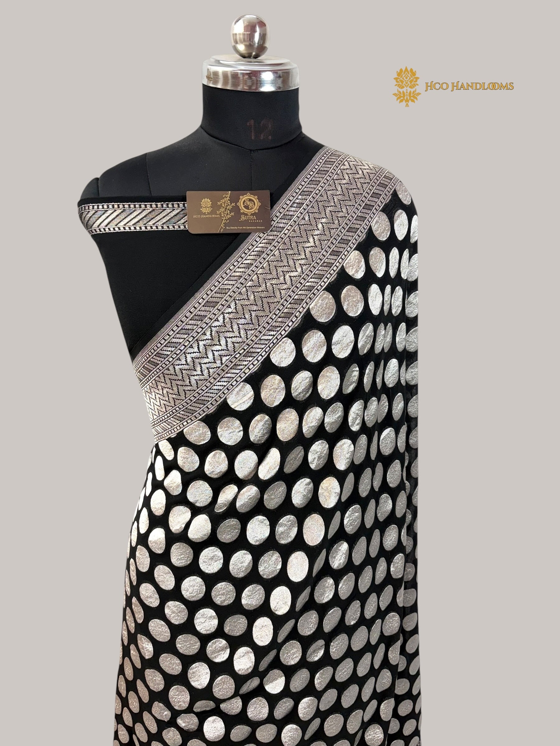 Black Pure Khaddi Georgette Silk handloom Banarasi Saree - Water Zari