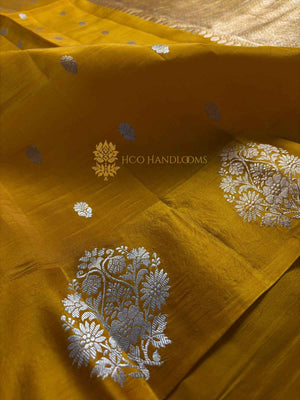 Pure Raw Mango Silk Handloom Banarasi Saree - All Over Kadhua Motifs