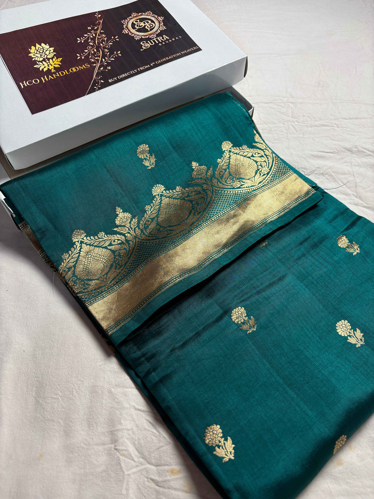 Teal Green Pure Mango Katan Silk Handloom Banarasi Saree - All Over Floral Motifs