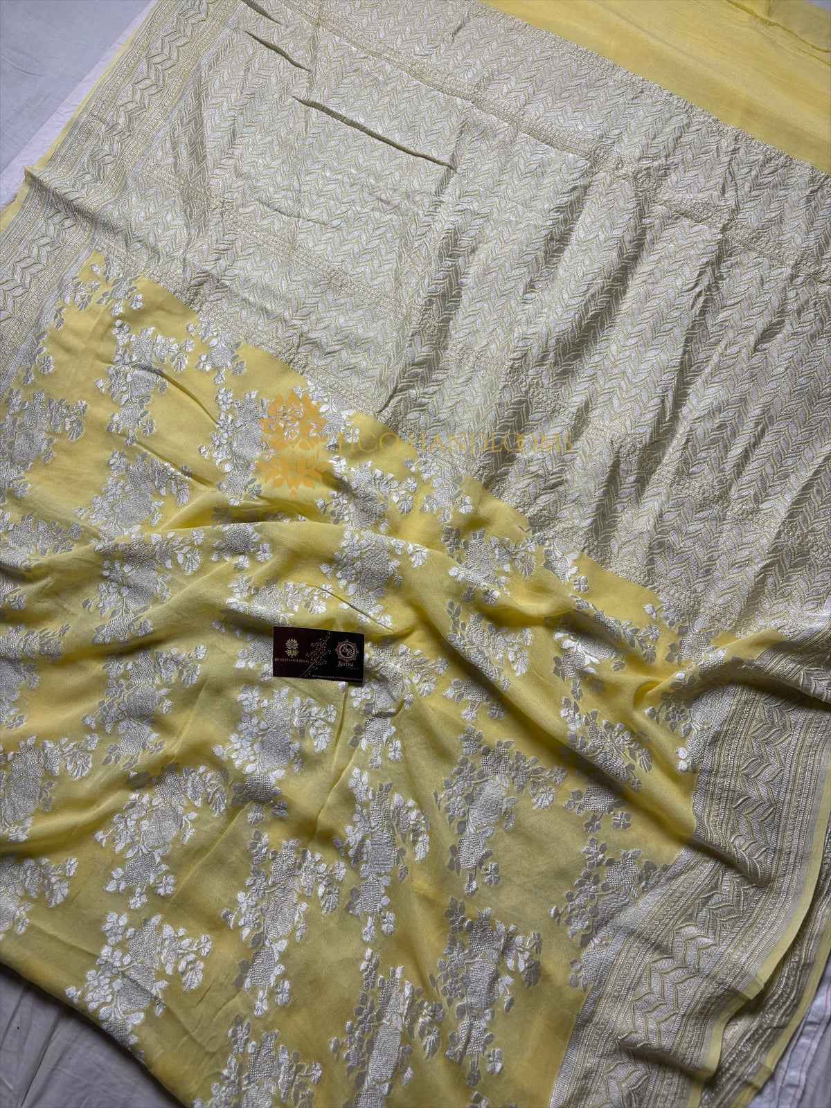 Yellow Pure Khaddi Georgette Silk Handloom Banarasi Saree - Silver Zari
