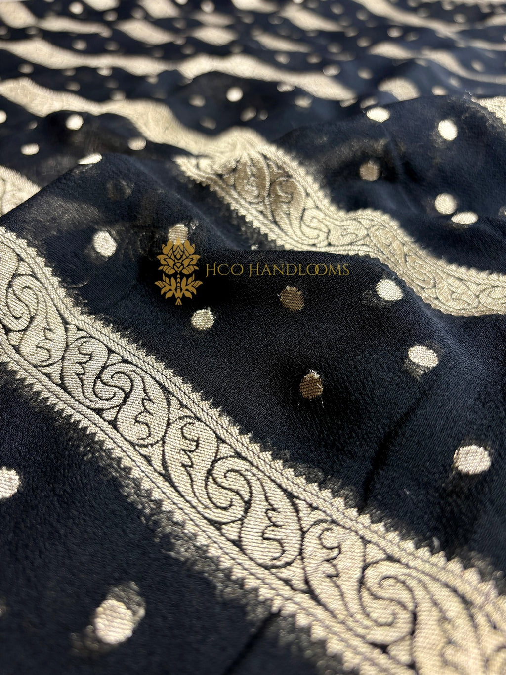 Jet black Pure Khaddi Georgette Silk Handloom Banarasi Saree - Water Zari