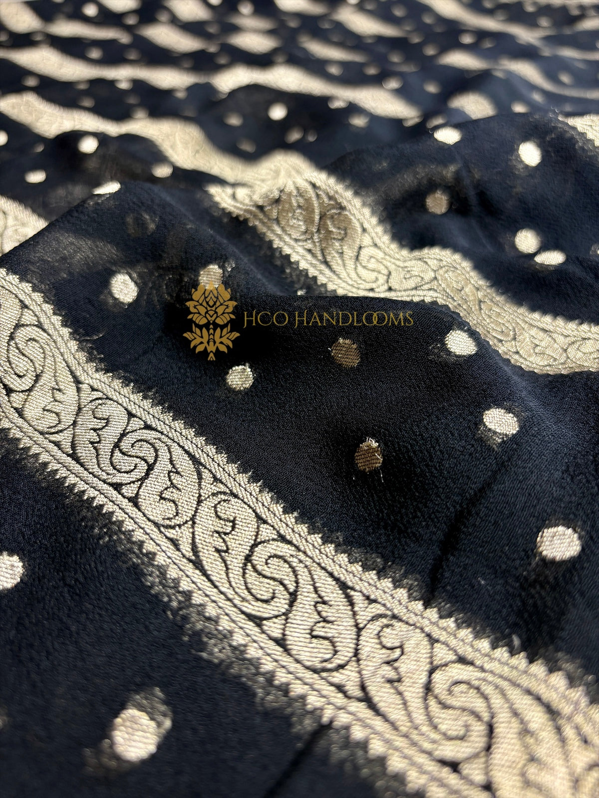 Jet black Pure Khaddi Georgette Silk Handloom Banarasi Saree - Water Zari