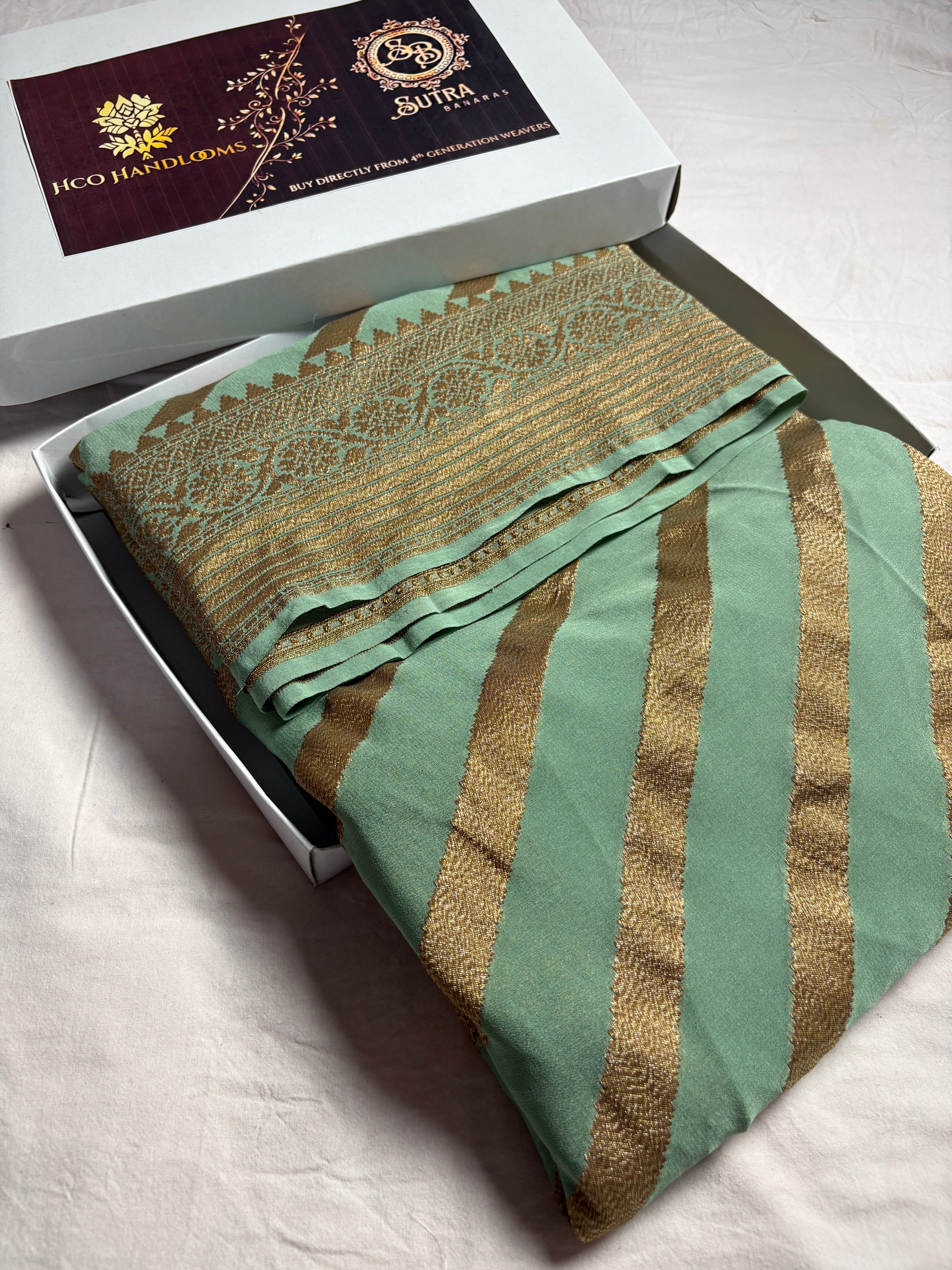 Sea Green Pure Khaddi Georgette Silk Handloom Banarasi Saree - Antique Zari