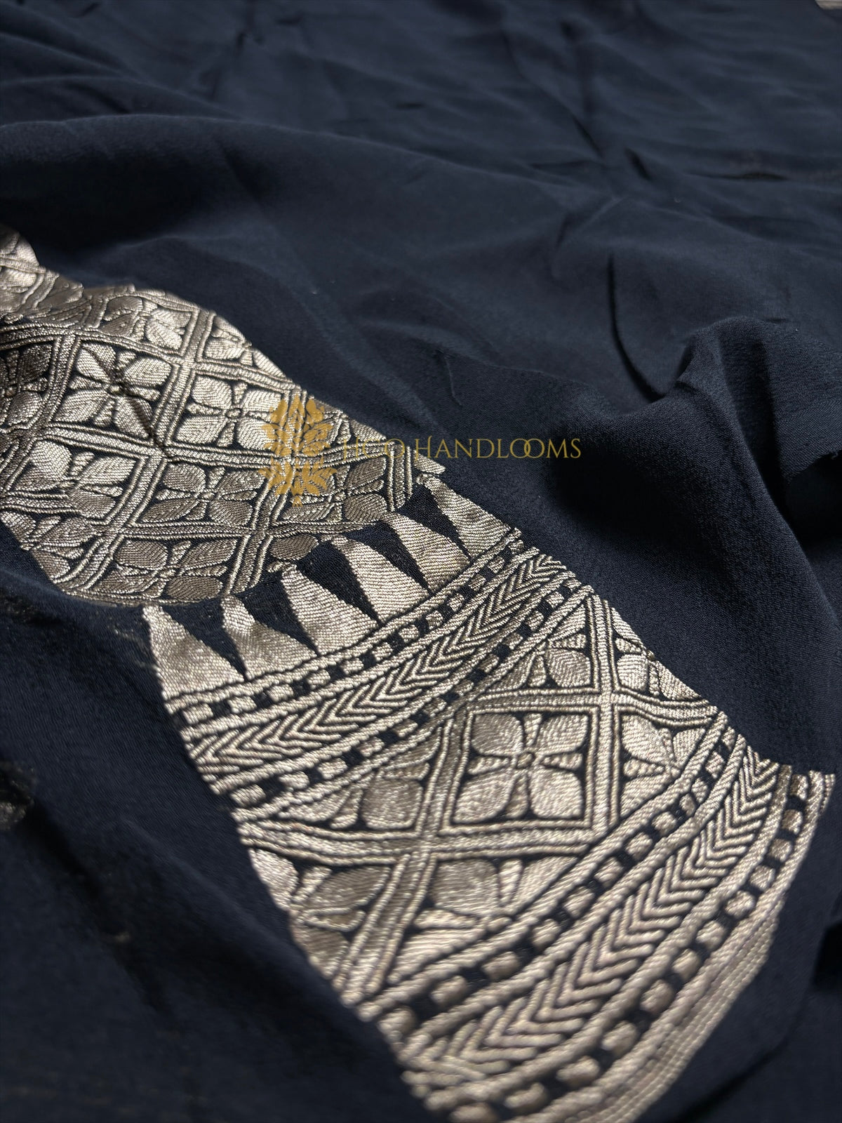 Jet black Pure Khaddi Georgette Silk Handloom Banarasi Saree - Water Zari