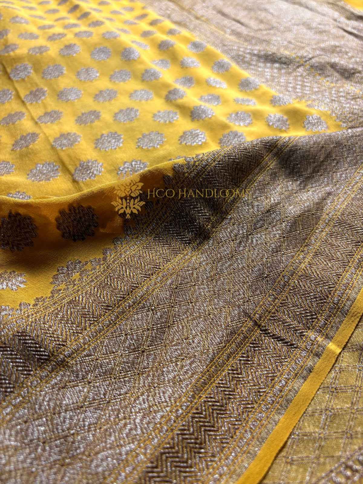 Yellow Pure Khaddi Georgette Silk Handloom Banarasi Saree - Antique Zari