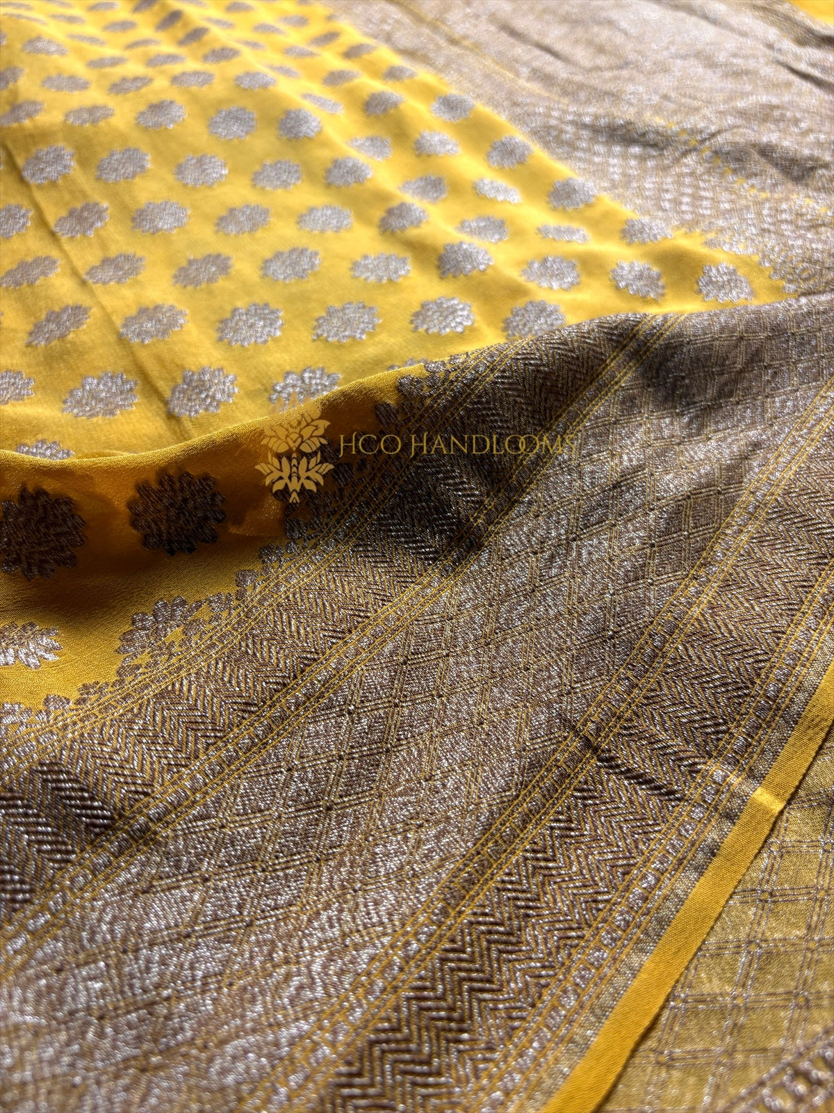 Yellow Pure Khaddi Georgette Silk Handloom Banarasi Saree - Antique Zari
