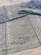 Pastel Blue Premium Cotton Jamdani Banarasi Saree - All Over Tanchui Motifs