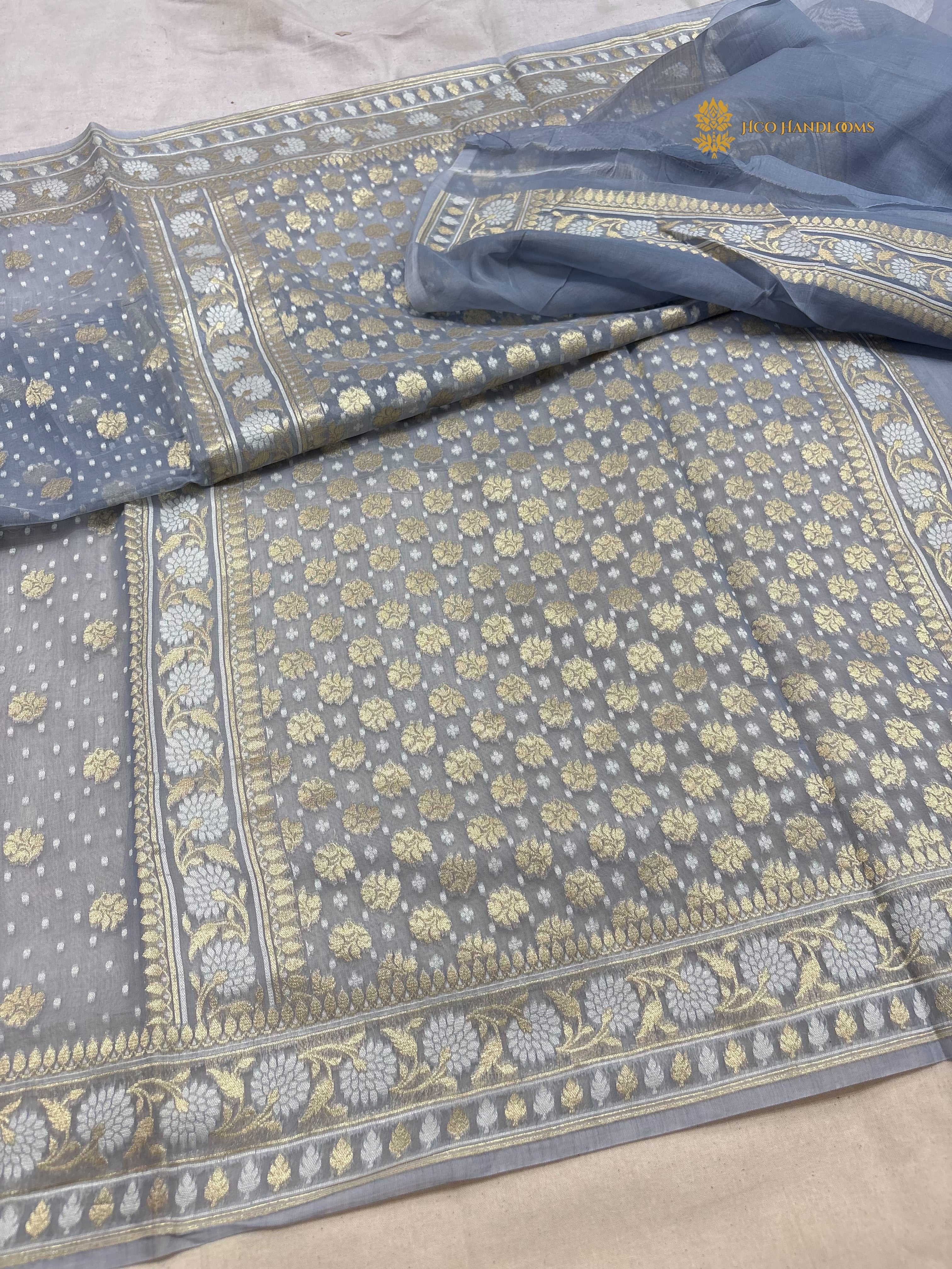 Pastel Blue Premium Cotton Jamdani Banarasi Saree - All Over Tanchui Motifs