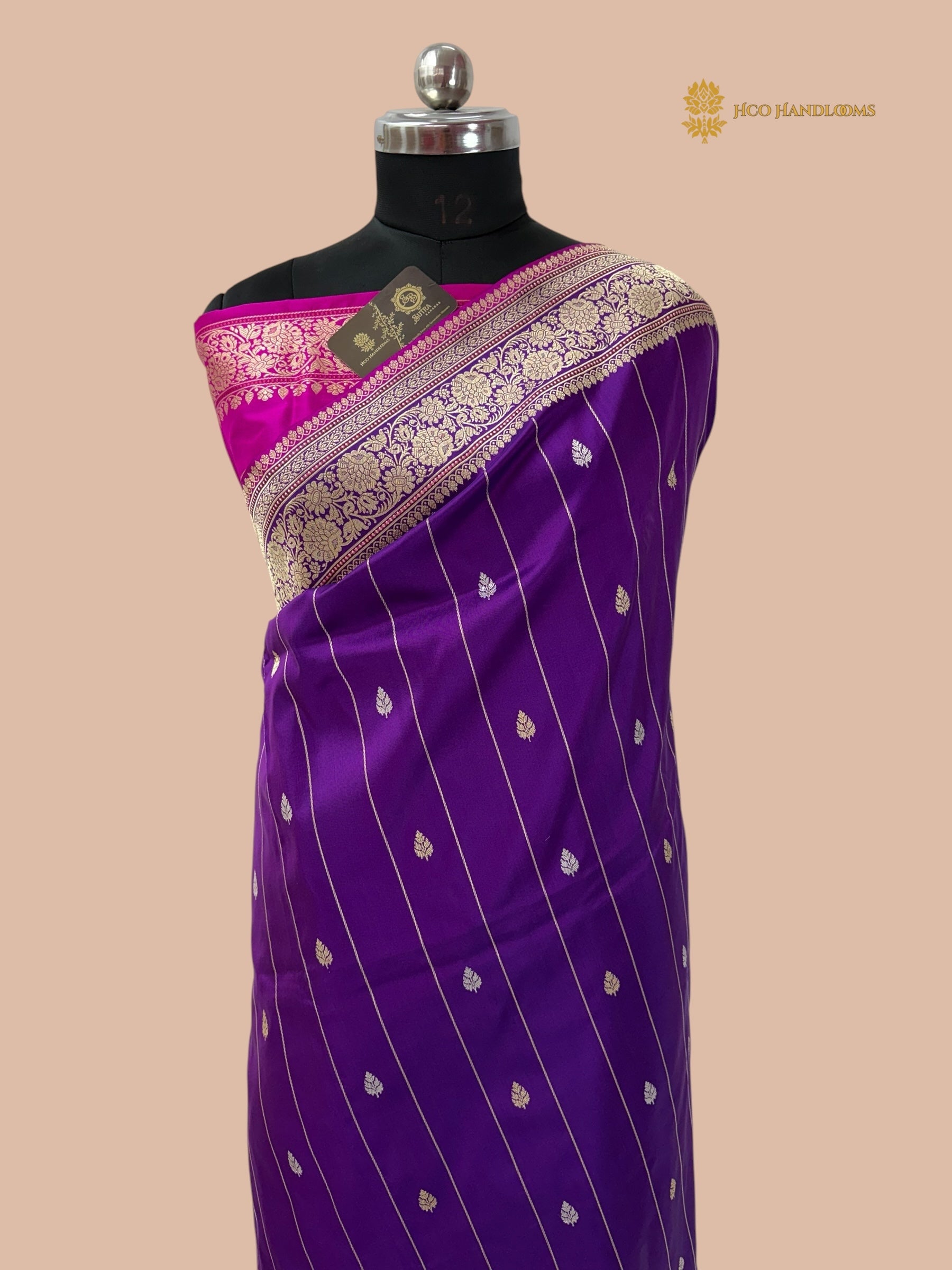 Regal Purple Pure Katan Silk Handloom Banarasi saree - All Over Stripe Motifs