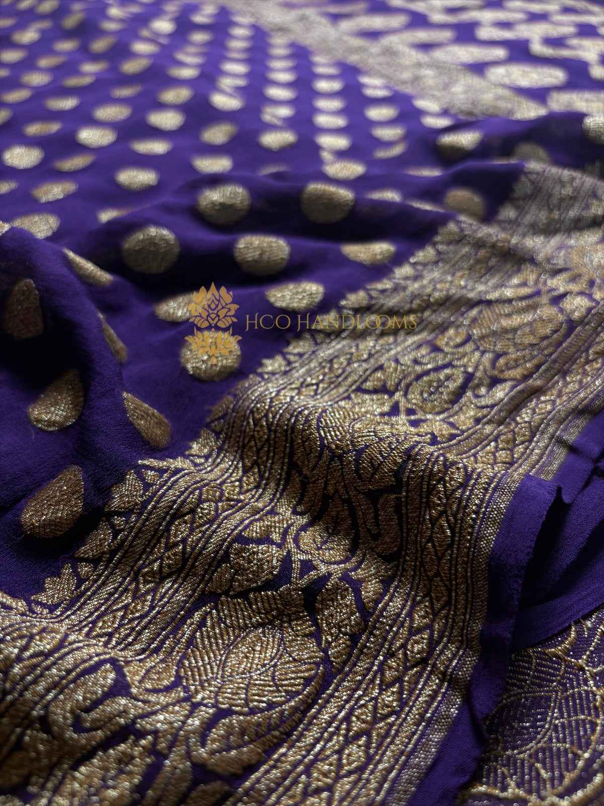Purple Pure Khaddi Georgette Silk Handloom Banarasi Saree - Antique Zari