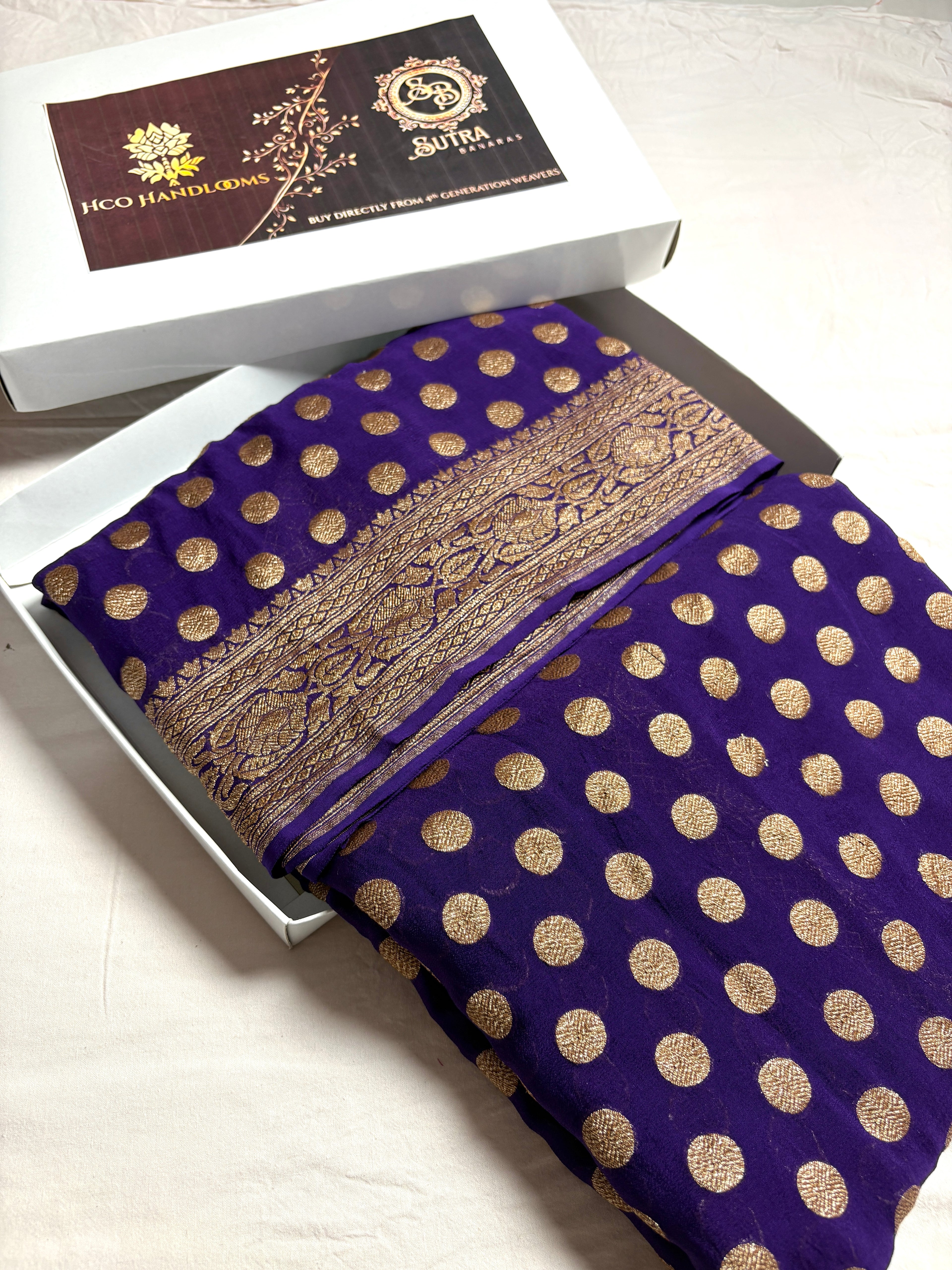 Purple Pure Khaddi Georgette Silk Handloom Banarasi Saree - Antique Zari