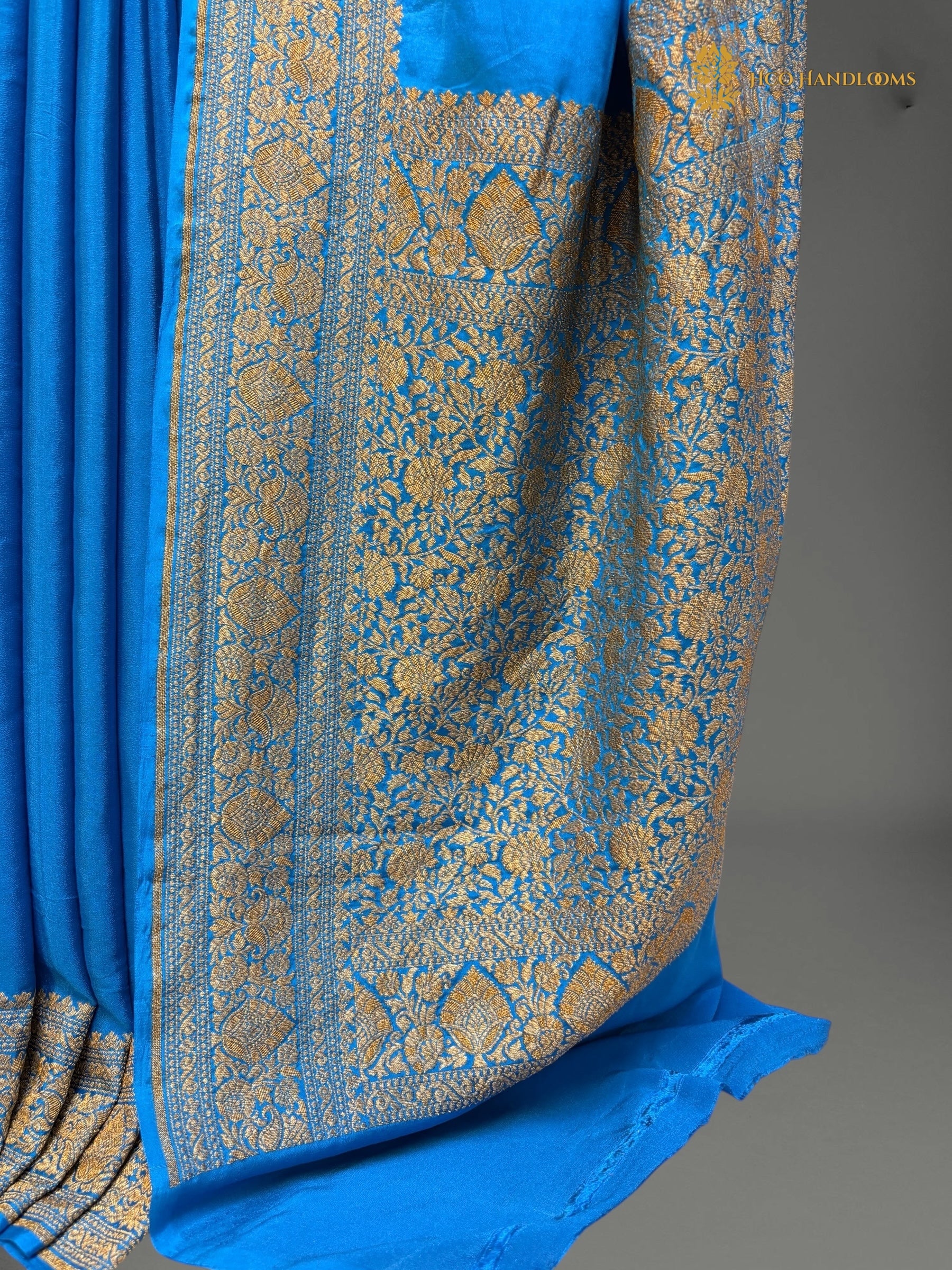 Blue Pure Khaddi Crepe Georgette Silk Handloom Banarasi Saree - Antique Zari