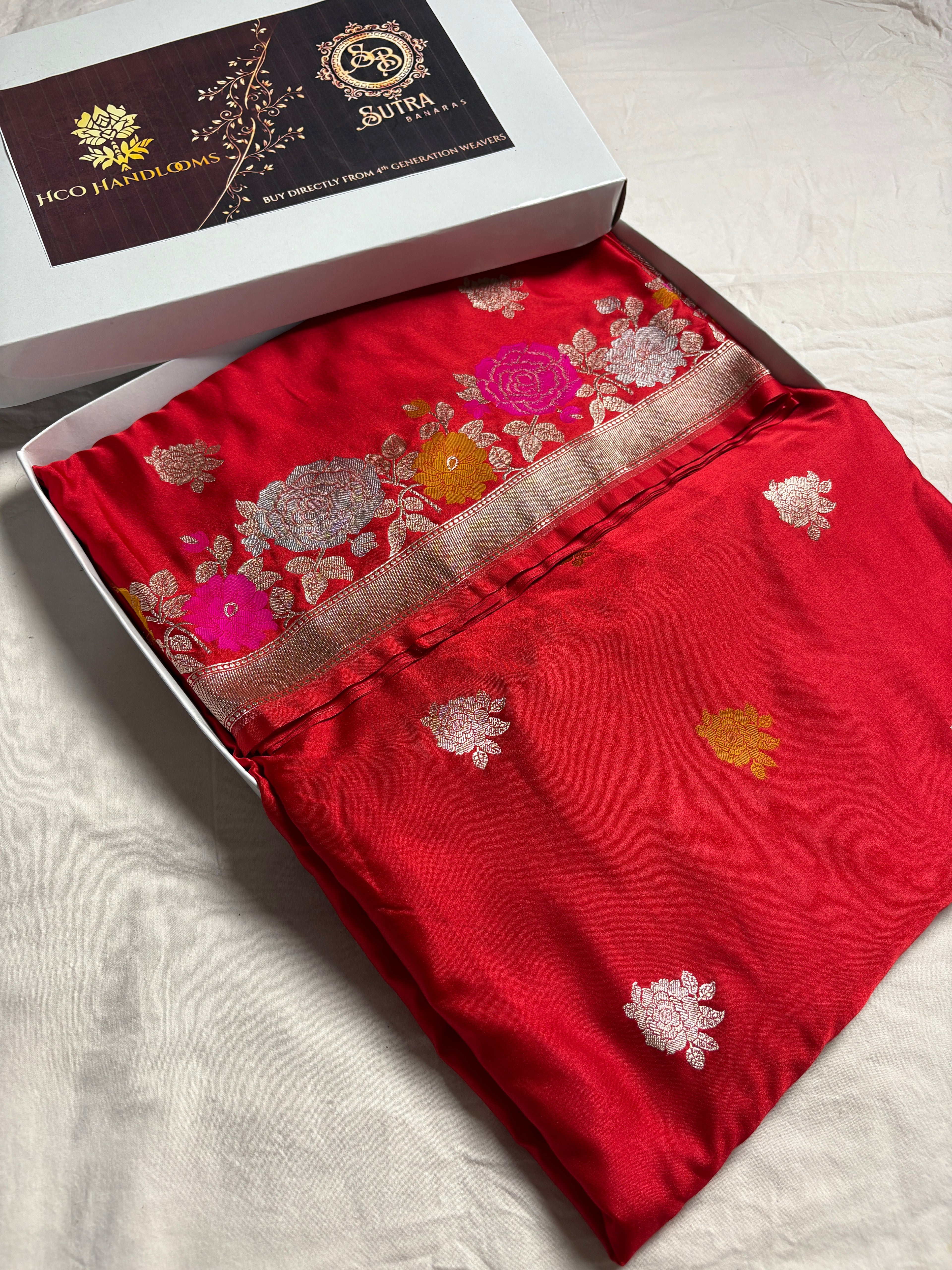 Premium Mashru Katan Silk Meenakari Floral Motifs Banarasi Saree