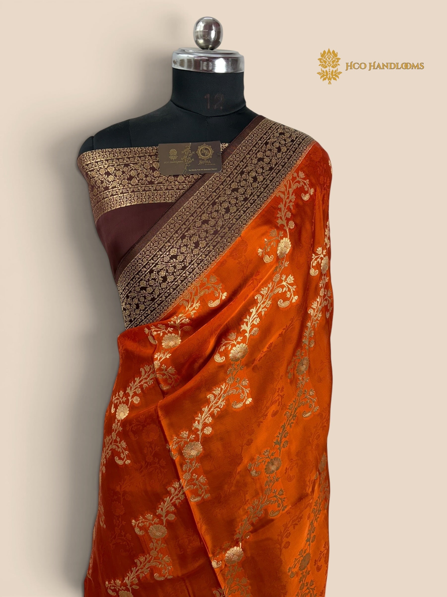 Premium Mashru Crepe Silk Banarasi Saree - All Over Floral Diagonal