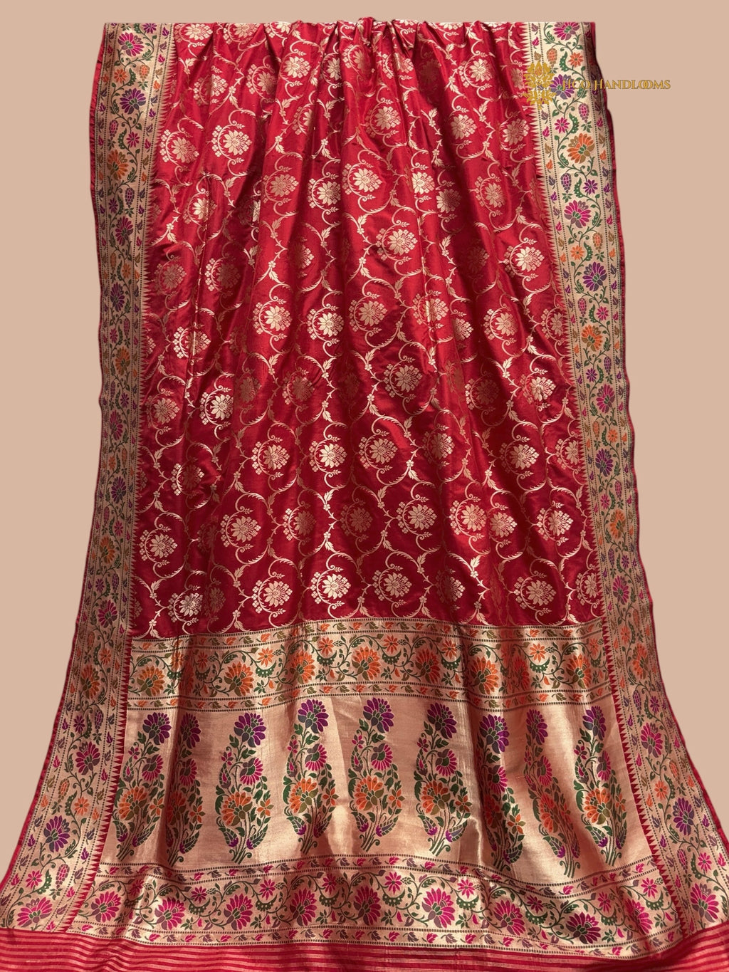 Regal Red Pure Katan Silk Handloom Banarasi Saree - All Over Jaal