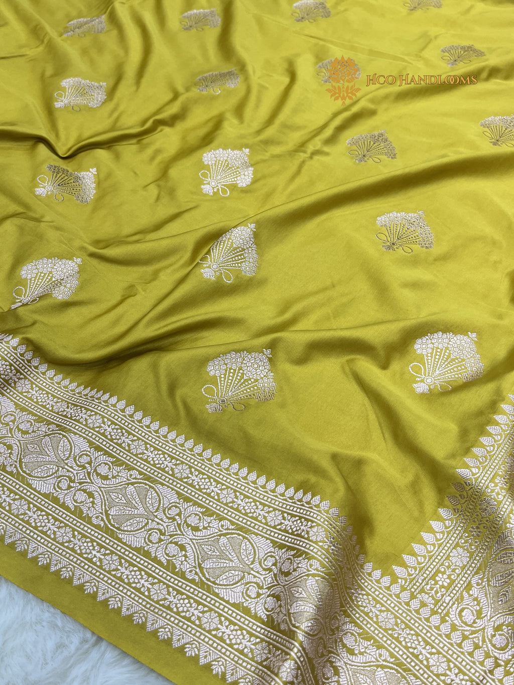 Mustard Green Premium Mashru Katan Silk Banarasi Saree - All Over Motifs
