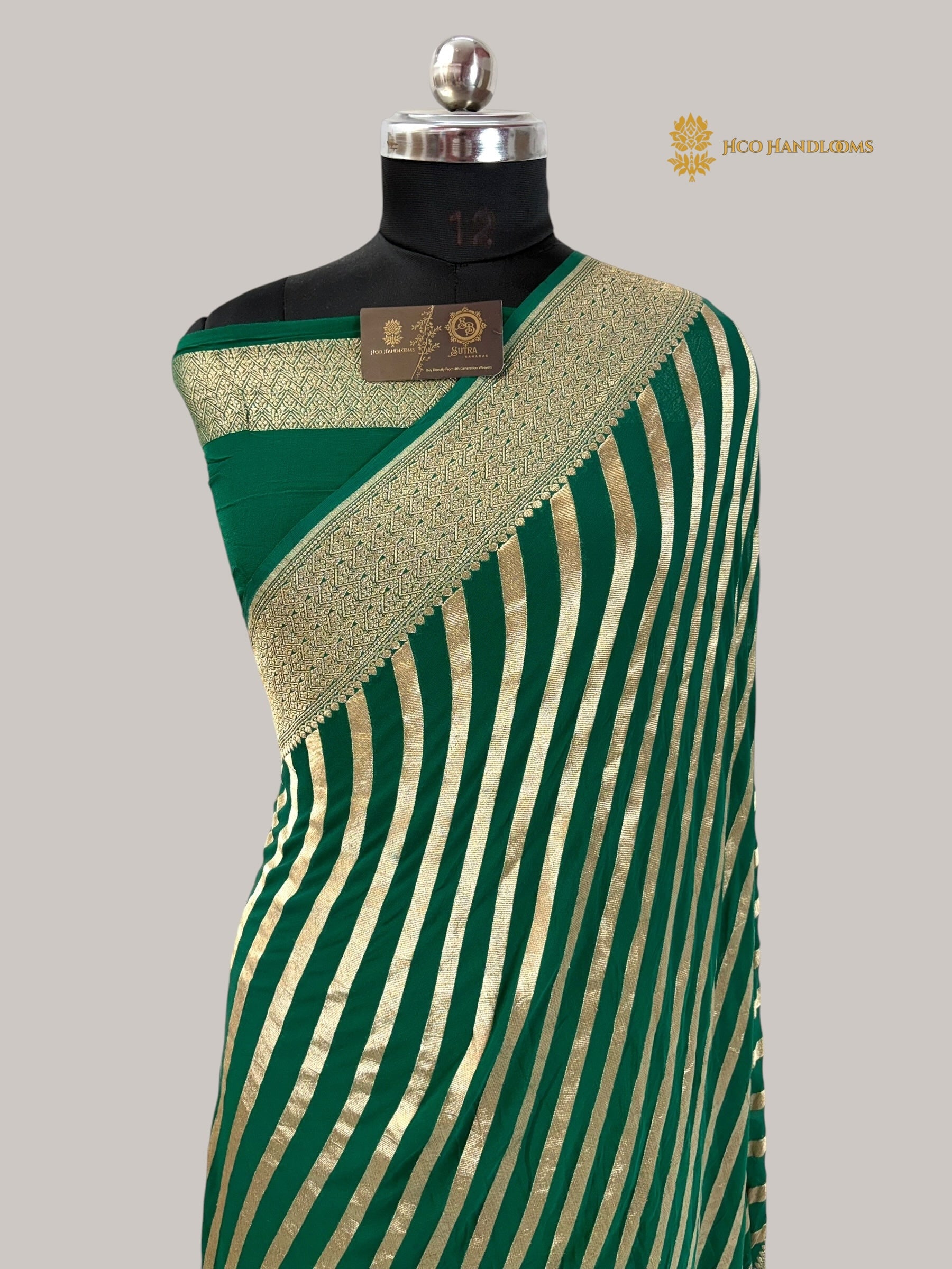 Green Pure Khaddi Georgette Silk handloom Banarasi Saree - Water Zari