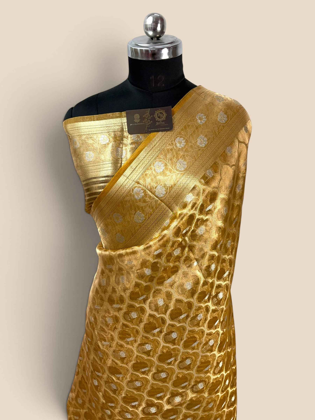 Gold Pure Tissue Silk Handloom Banarasi Saree - Jaal Motifs