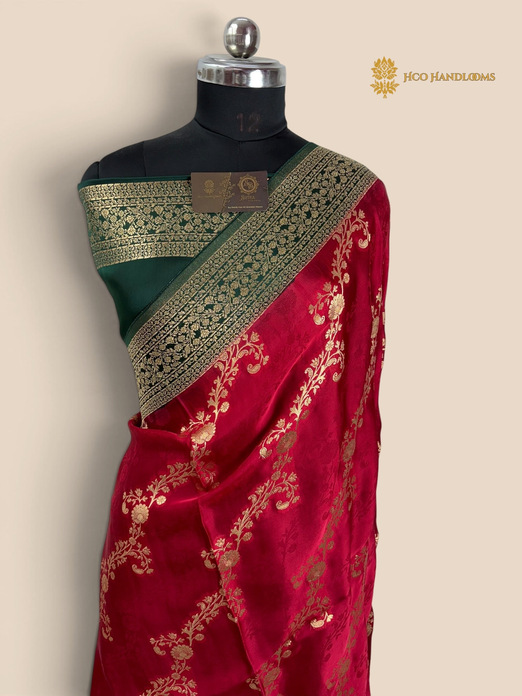 Premium Mashru Crepe Silk Banarasi Saree - All Over Floral Diagonal