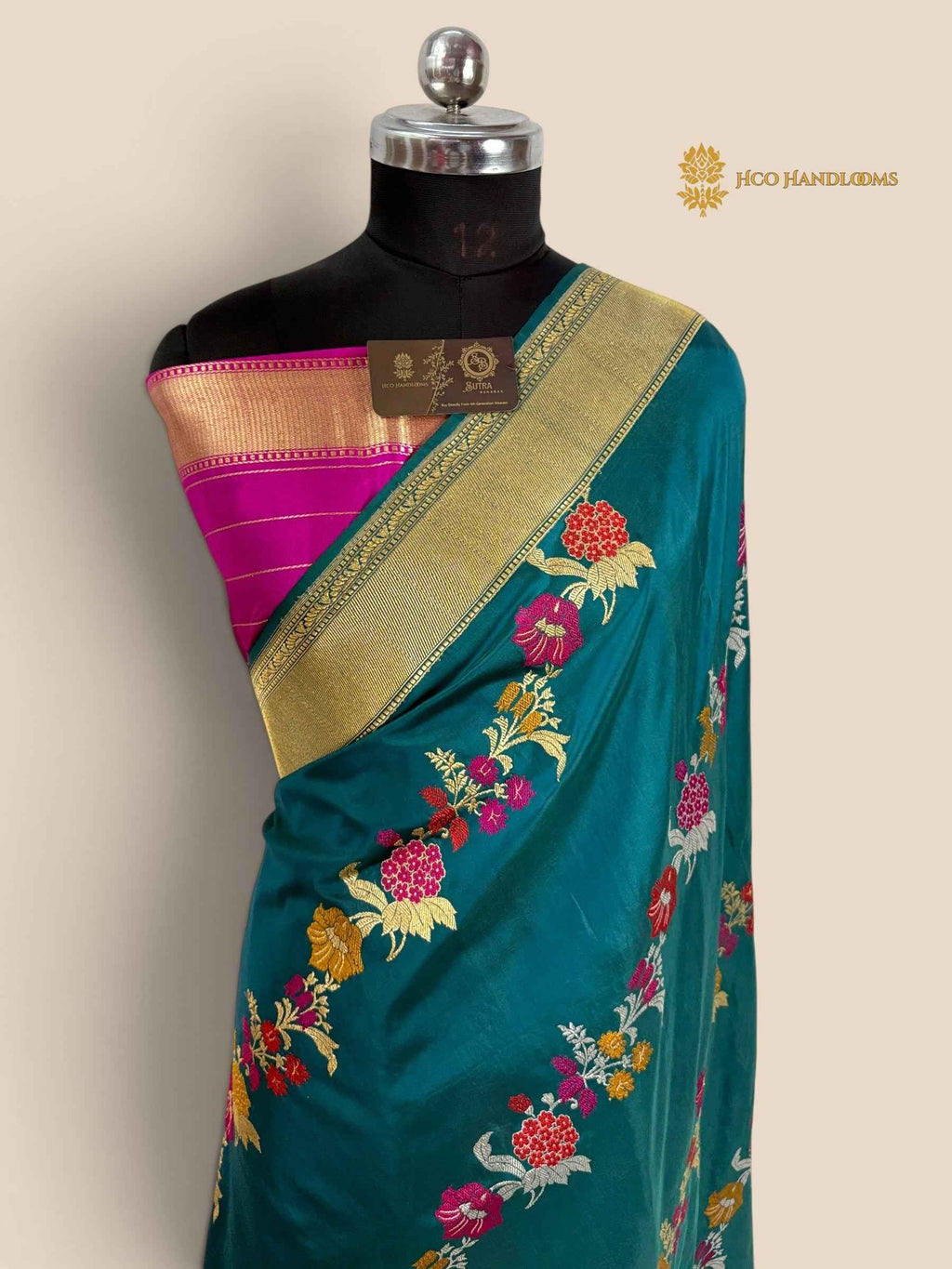 Teal Green Pure Katan Silk Handloom Banarasi Saree - All Over Meenakari Aada