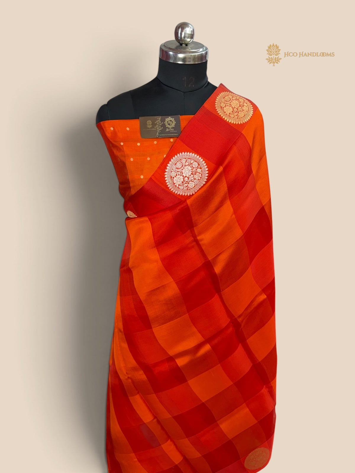 Red & Orange Pure Kora Mango Katan Silk Handloom Banarasi Saree