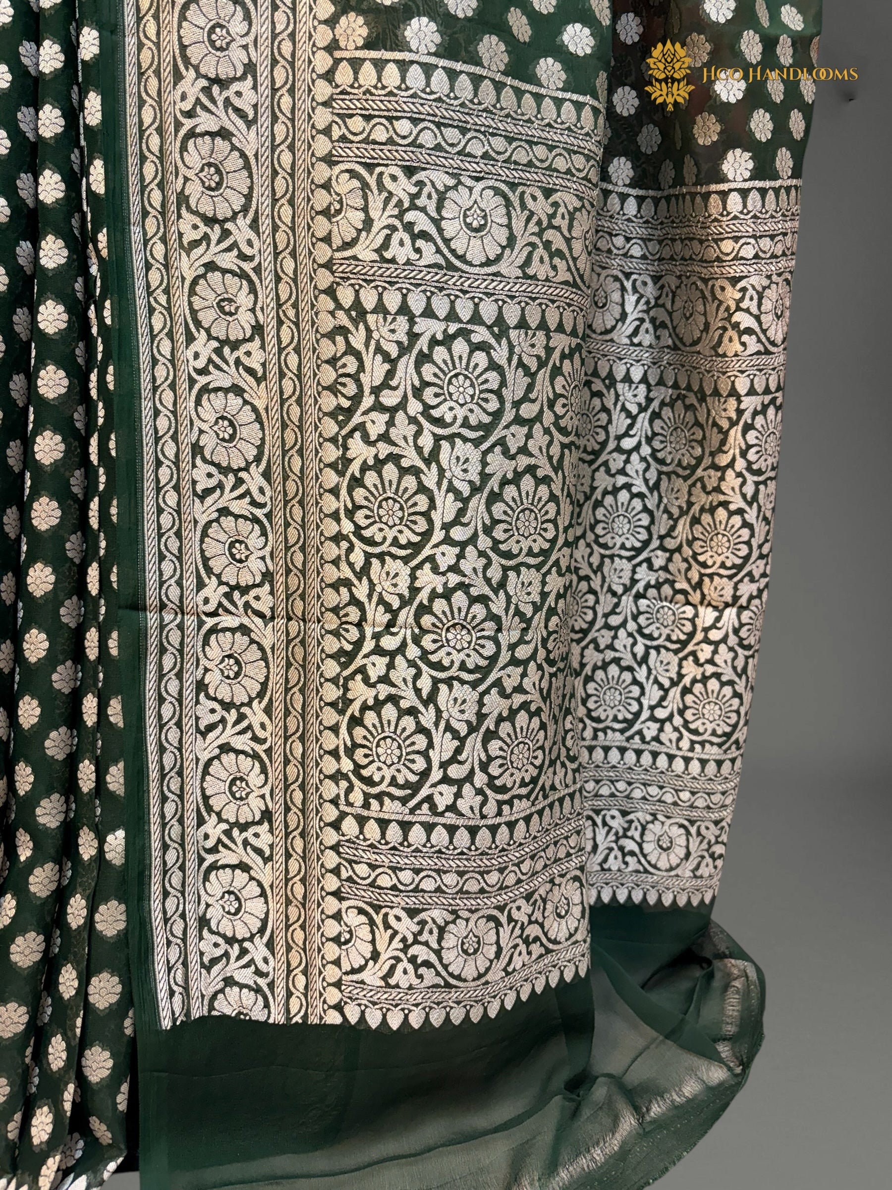 Dark Green Pure Khaddi Georgette Silk Handloom Banarasi Saree - Silver Zari