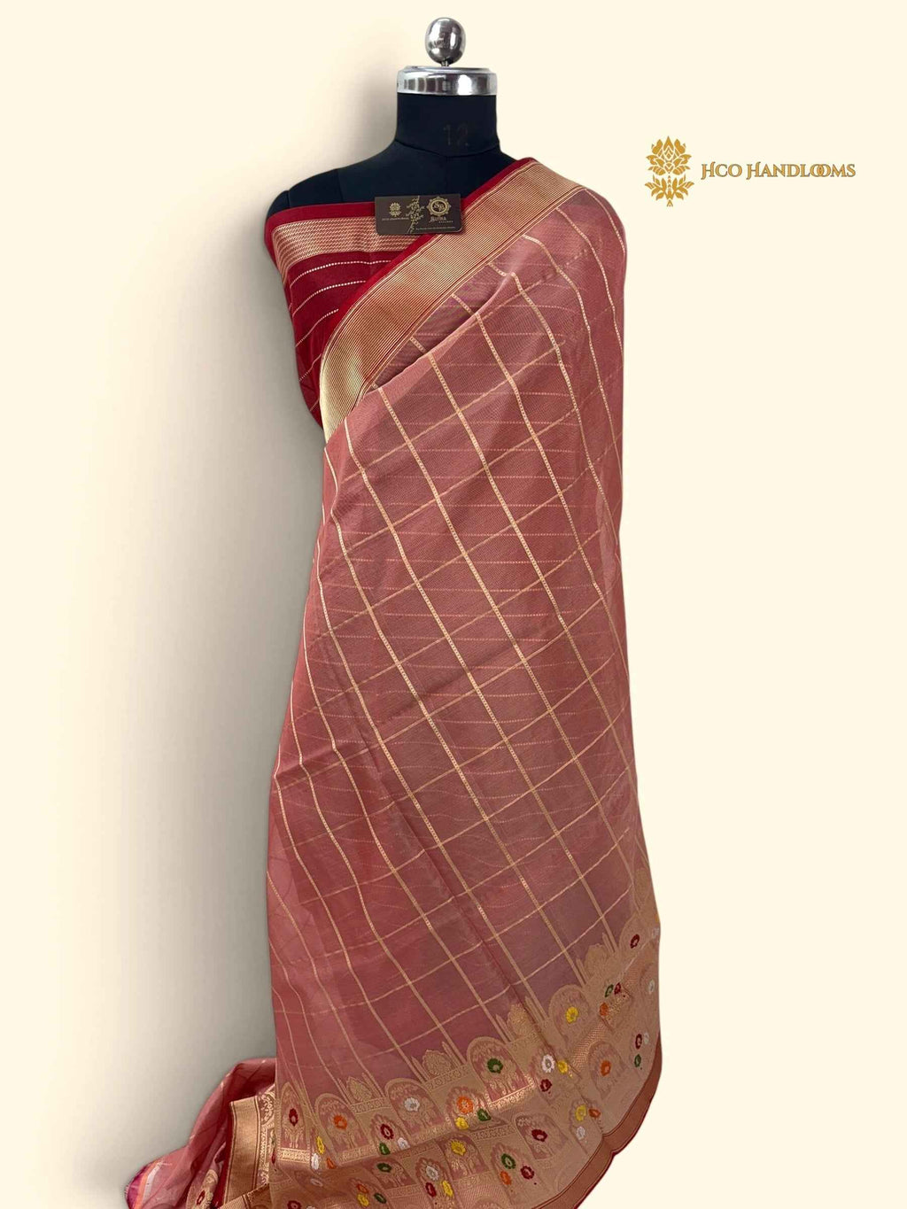 Pure Kora Silk Handloom Banarasi Saree - All Over Square With Meenakari Skirt Border