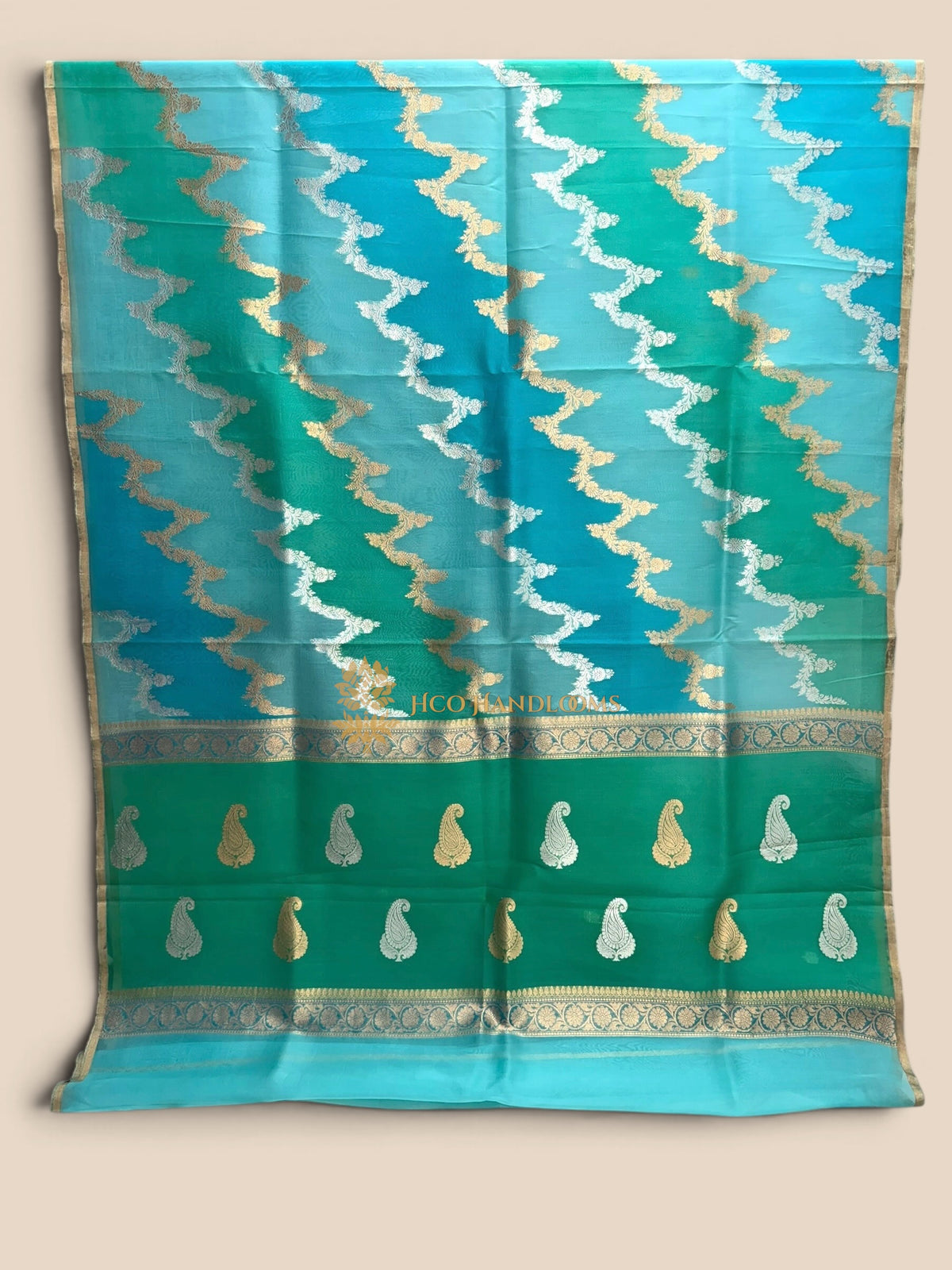 Pure Kora Silk Handloom Banarasi Saree - All Over Lahariya Rangkat