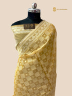 Pastel Yellow Premium Cotton Jamdani Banarasi Saree - All Over Jaal