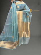 Regal Light Blue Pure Kora Silk Handloom Banrasi Saree - All Over Kadhua Motifs