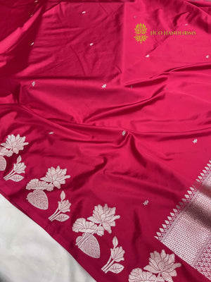 Cherry Red Premium Mashru Katan Silk Banarasi Saree - All Over Small Motifs