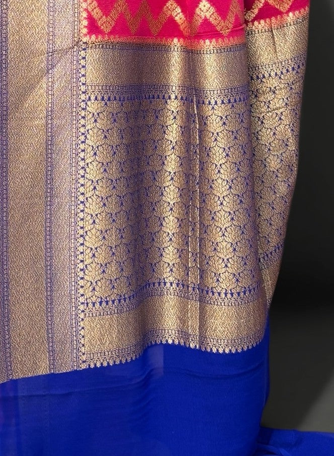 Pure Khaddi Georgette Silk Handloom Banarasi Saree With Zig-Zag Design