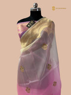 Half Ivory & Half Light Pink Pure  Kora Silk Handloom Banarasi Saree - All Over Meenakari Kadua Motifs