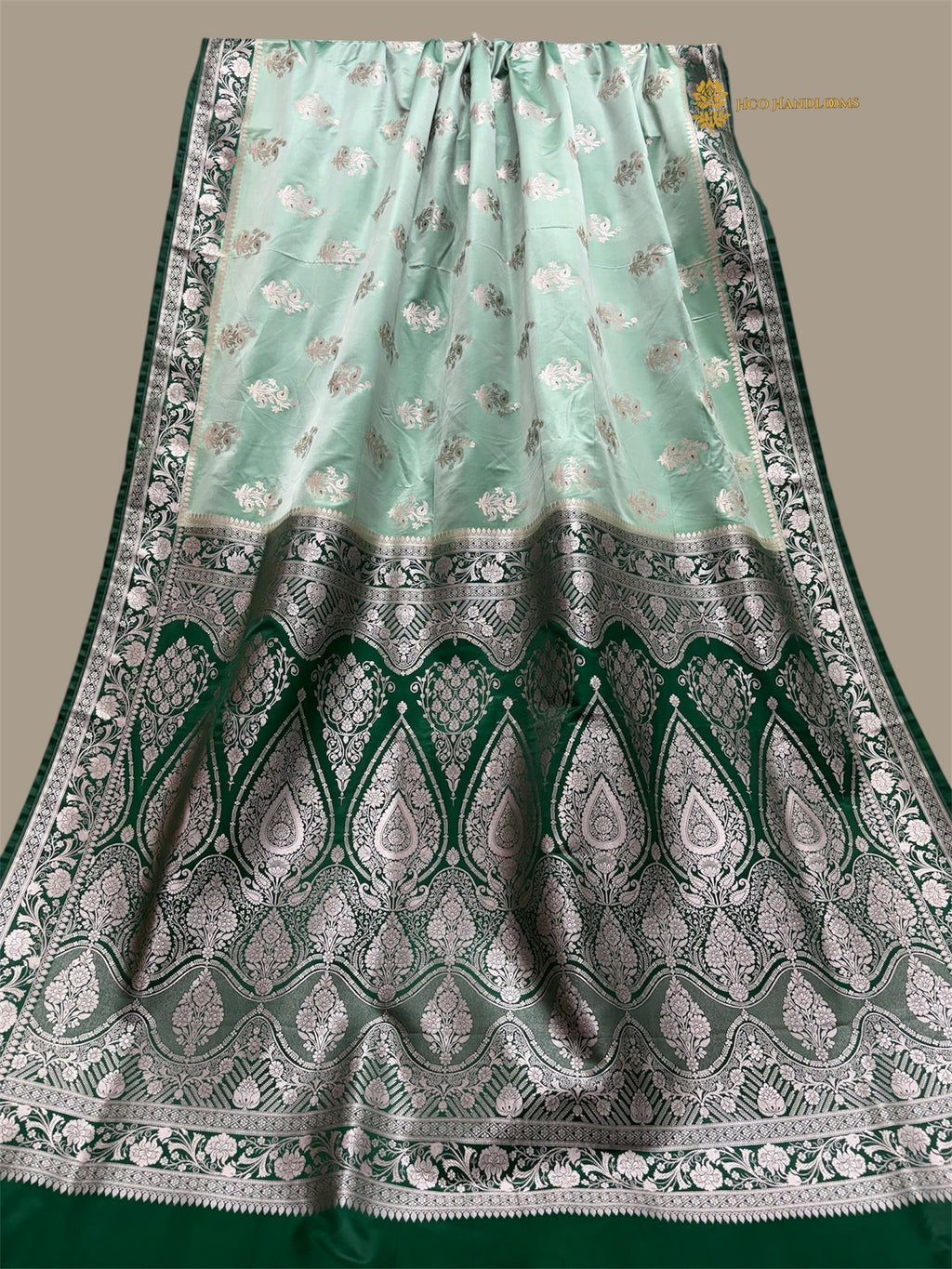 Light Green Contrast Premium Mashru Katan SIlk Banarasi Saree - All Over Meenakari Motifs