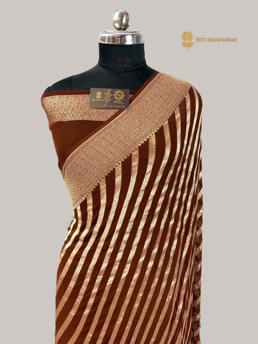 Brown Pure Khaddi Georgette Silk handloom Banarasi Saree - Water Zari